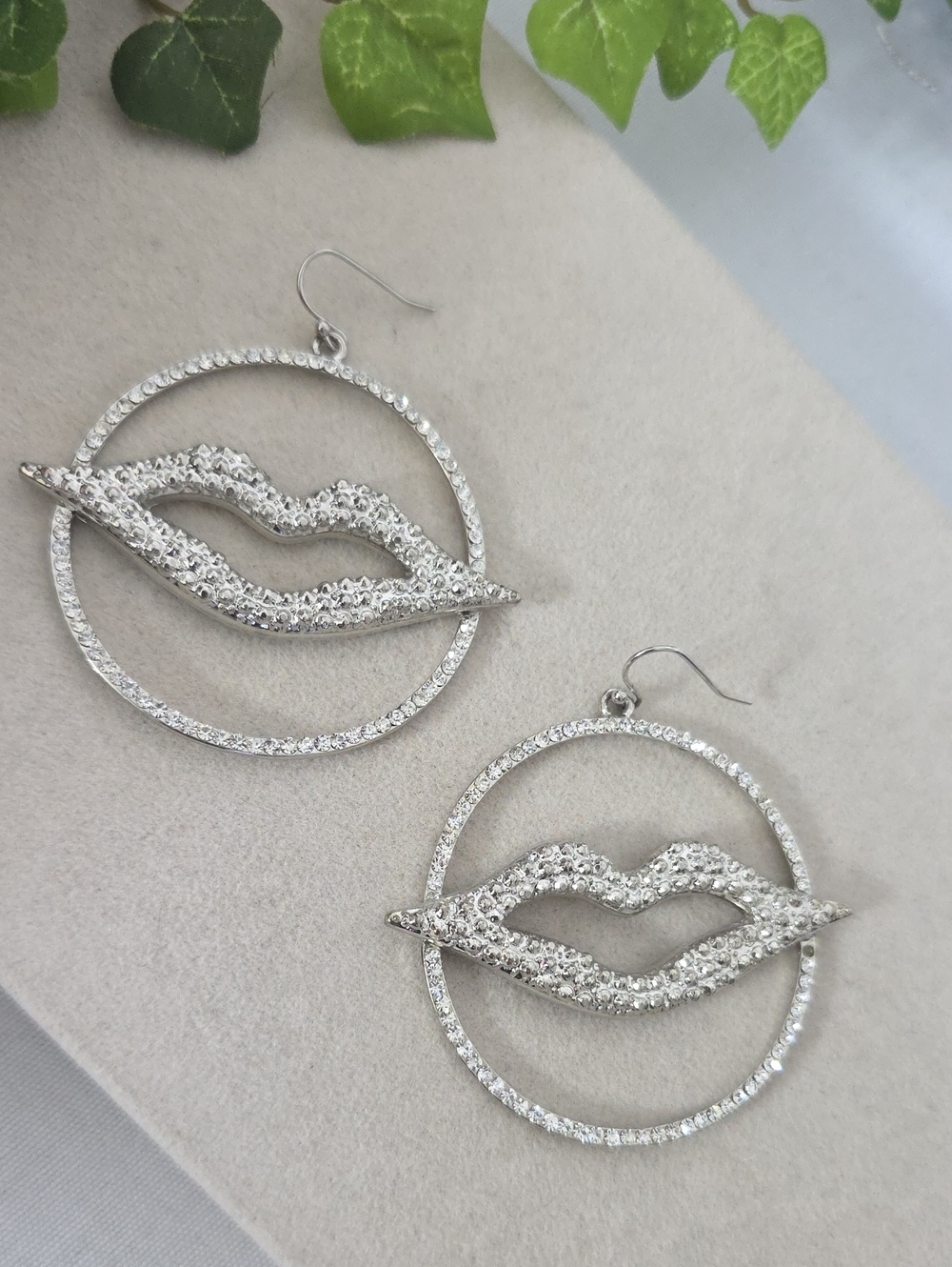 Silver And Rhinestone Statement Hoop Earrings with Lips